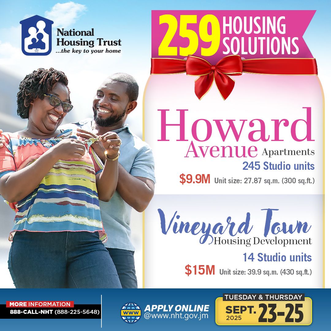 TheNHT's tweet image. The NHT is offering 259 housing solutions in Kingston.

🏢 Howard Avenue: 245 studio units from $9.9M
🏡 Vineyard Town: 14 studio units from $15M

Apply online Sept 23–25, 2025 at nht.gov.jm

#NHTJamaica #HowardAvenue #VineyardTown #AffordableHousing #BuildingJamaica