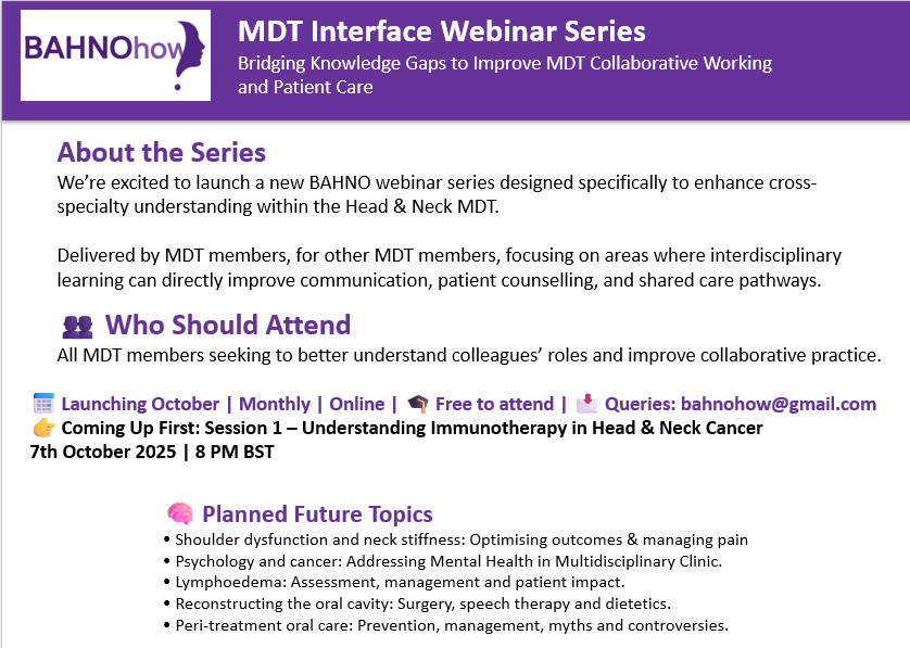 📢Launching 7 Oct 2025: BAHNOhow- MDT Interface Webinar Series. Booking details coming soon! 
👥Collaborate | 🧠Learn |💬Improve patient care.
<a href="/RCSLT/">RCSLT 💙</a> <a href="/BAOMSOfficial/">BAOMS</a> <a href="/ENTIntegrate/">ENT Integrate</a> <a href="/UKWENTs/">WENTS UK - Women in ENT Surgery UK</a>  <a href="/ENT_UK/">ENT UK</a> <a href="/RCRadiologists/">The Royal College of Radiologists</a> <a href="/BDA_HeadandNeck/">BDA Head & Neck subgroup</a>  <a href="/onctrainees/">National Oncology Trainees Research Collaborative</a> <a href="/BSHNI_UK/">British Society of Head & Neck Imaging</a> <a href="/ContactSRRDG/">Specialty Registrars in Restorative Dentistry</a>   #BAHNOhow