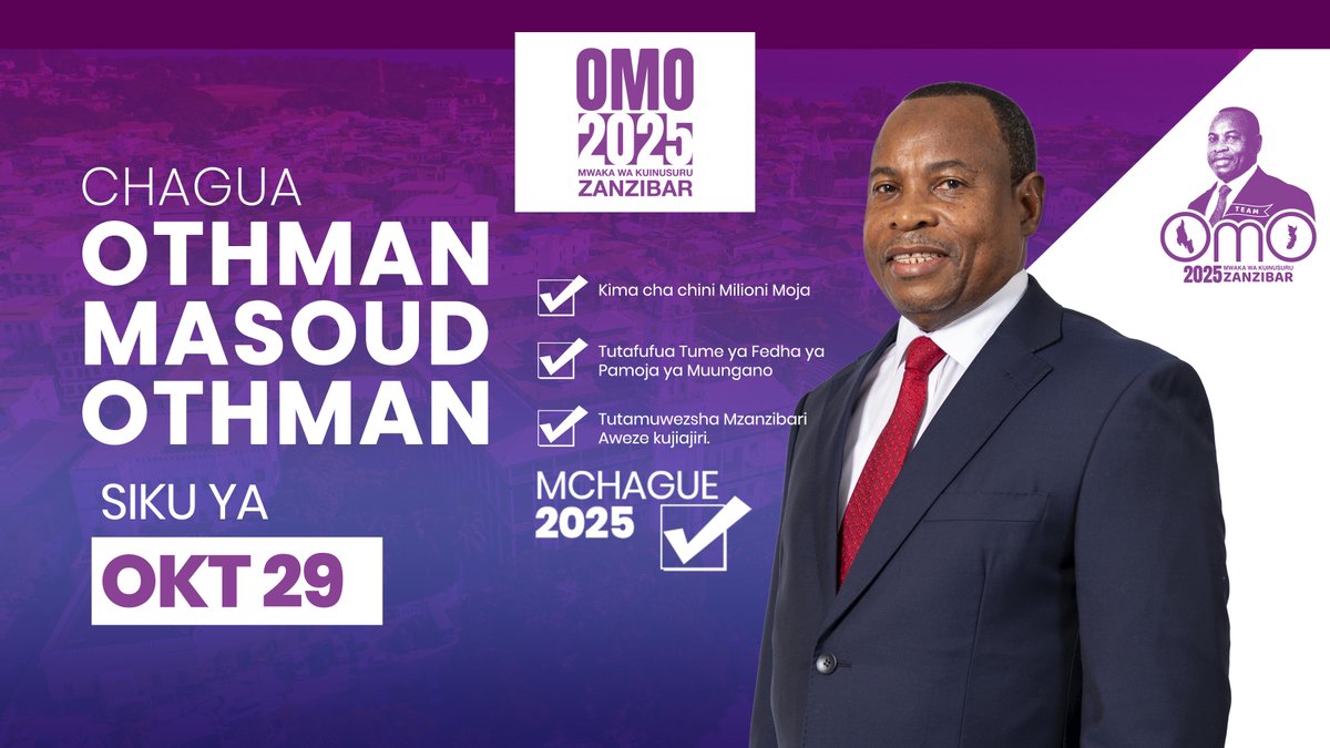 CHAGUA OTHMAN MASOUD OTHMAN – RAIS WA WANANCHI

Siku ya Oktoba 29, 2025 ni siku ya mabadiliko makubwa kwa Zanzibar. Ni siku ya kuamua mustakabali wa nchi yetu.

Othman Masoud Othman ana dhamira thabiti ya:
Kuimarisha uchumi wa kila Mzanzibari kwa kuweka kima cha chini cha milioni