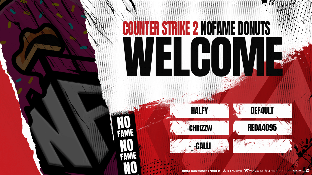 🍩 TEAM DONUTS 🍩

Wir haben großartige Neuigkeiten:
<a href="/DieDonuts/">Donuts</a> spielt ab sofort für NoFame – und tritt in <a href="/dachcs/">DACH CS Masters</a> Masters an! 🚀

🍩 chrizzW
🍩 def4ult
🍩 _-_Calli
🍩 reda4095
🍩 hALFY

Fünf Spieler. Ein Team. Ein Ziel: Siege einfahren und Server dominieren. 💥
Sie können es