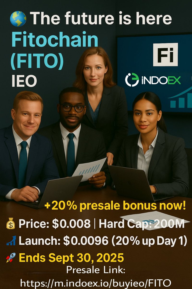 GrowFi76's tweet photo. 🔥 FITOCHAIN (FITO) IEO is LIVE on Indoex! 🔥

⏰ Don’t miss your chance for this bonus— Presale ends Sept 30, 2025
💰 Presale Price: $0.008
💰 Launch Price: $0.0096 (20% gain from day one!)
🎯 Allocation: 200,000,000 FITO
🔹 Soft Cap: 75M FITO
🔹 Hard Cap: 200M FITO
✅ Confirmed Indoex Listing after IEO
Fitochain 
👉 Join now & secure your FITO:
https://t.co/i65648dr9X

🌍 A blockchain for entrepreneurs
https://t.co/MJtPK6E0E6 | https://t.co/HHmnLOjgdy