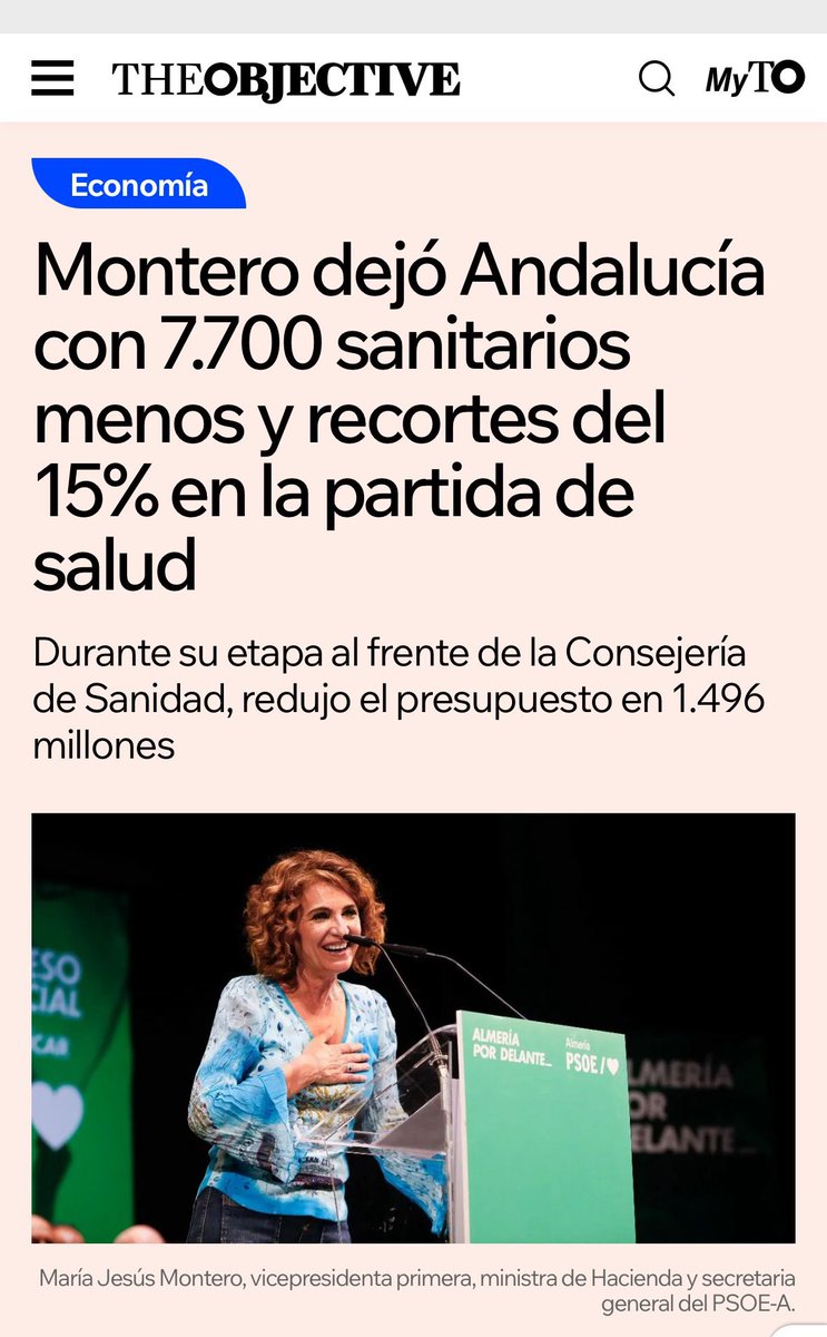 Montero ha ido hoy a Málaga con Sánchez (viva imagen de la traición a Andalucía). Y ha dicho que el PSOE construyó una “sanidad muy bonita” en nuestra tierra.

¿Cuál? ¿La sanidad en la que ella echó como consejera de Salud a 7.700 profesionales sanitarios?