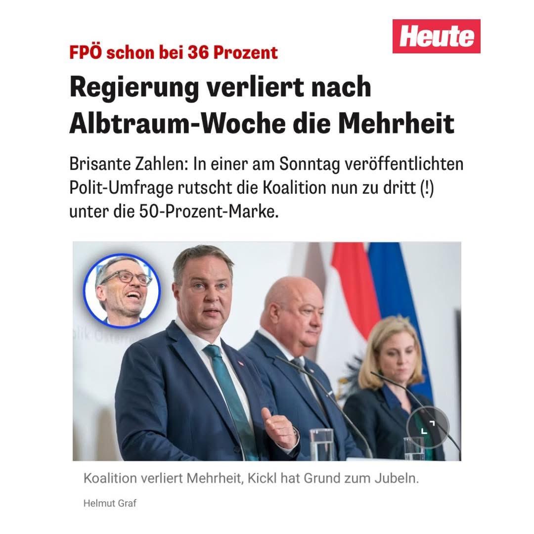 Diese Umfrage ist absolut bezeichnend und ein klares Signal: Immer mehr Österreicher haben die Nase voll von dieser Verlierer-Ampel! ÖVP, SPÖ und NEOS fahren unser Land gegen die Wand und haben nur ihre eigenen Interessen und Posten im Sinn.