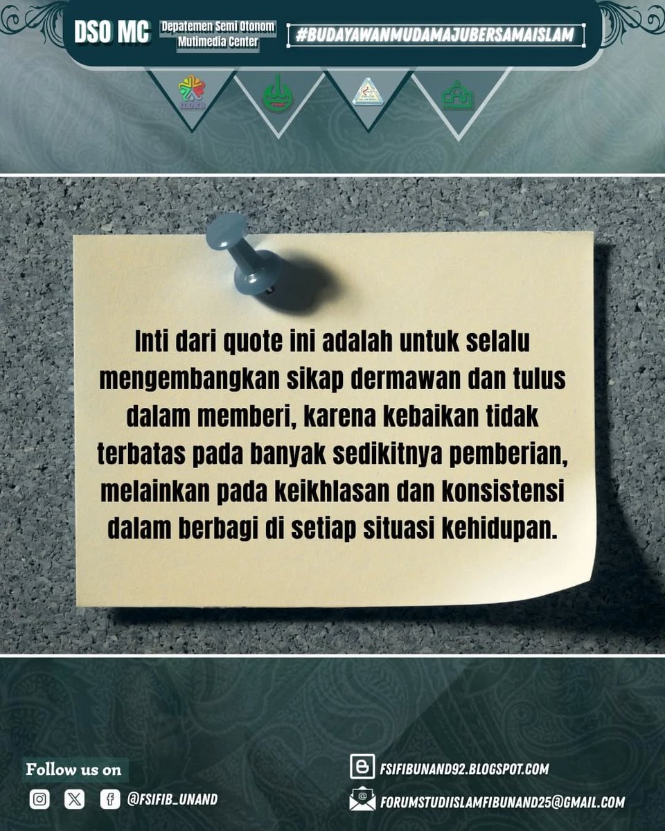 FSIFIB_Unand's tweet photo. [QUOTES CORNER TODAY]
-Ahad, 14 September 2025

بِسْمِ اللهِ الرَّحْمنِ الرَّحِيمِ

“Belajarlah untuk memberi, baik kamu punya banyak atau sedikit, baik saat suka maupun duka.”
-Ibnu Sina

Follow us On:
https://t.co/e13nhazrEU https://t.co/rotWj7KZaP