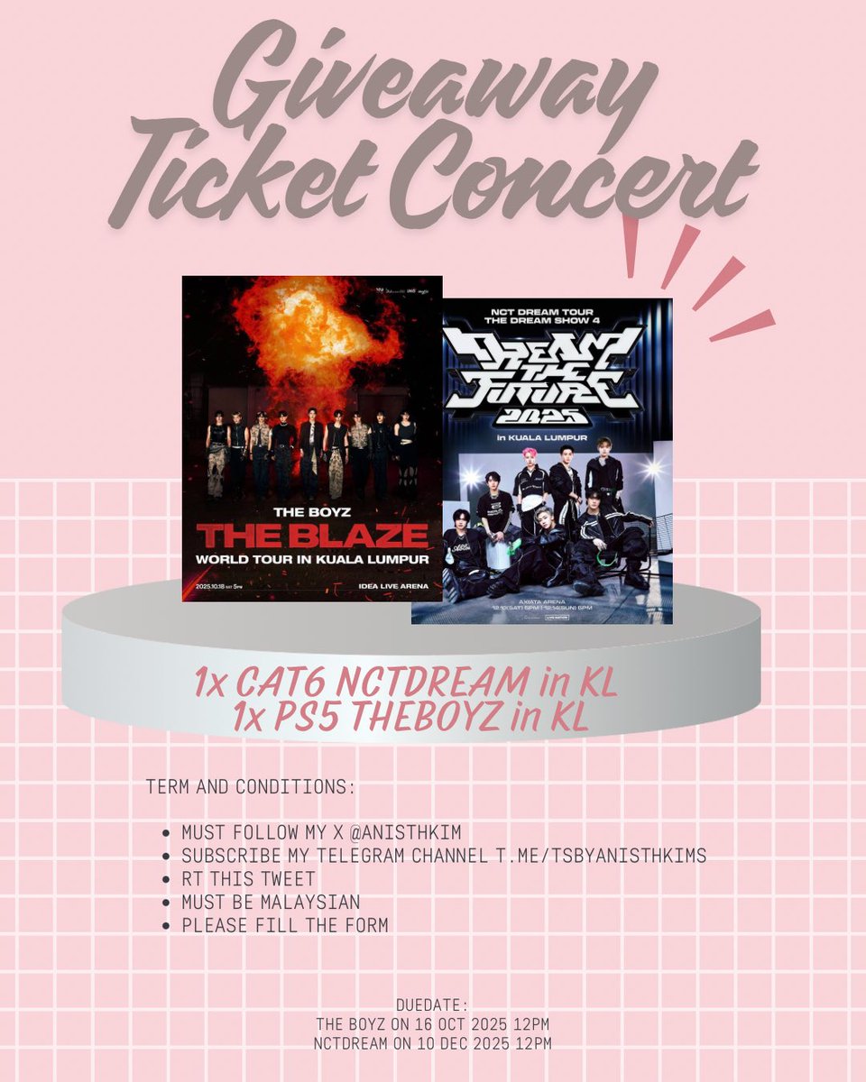 Giveaway 1x CAT6 NCTDREAM &amp; 1x PS5 THEBOYS in KL by <a href="/anisthkim/">thenisss/ts 👀</a> 

Term and conditions:
♡ must follow my x <a href="/anisthkim/">thenisss/ts 👀</a> 
♡ subscribe my telegram channel t.me/tsbyanisthkims 
♡ rt this tweet 
♡ must be malaysian 
♡ can attend the concert

Please fill this form:
#THEBOYZinKL :