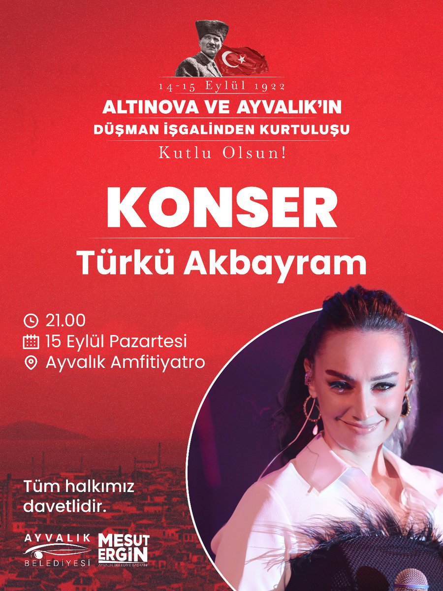 Ayvalık ve Altınova'nın kurtuluşu etkinlikleri kapsamında başarılı sanatçı Türkü Akbayram ile Ayvalık Amfi Tiyatro'dayız. Bu özel güne tüm halkımız davetlidir.
#ayvalık #kurtuluş #kutlama #konser #müzik #şarkılar #türküler #türküakbayram