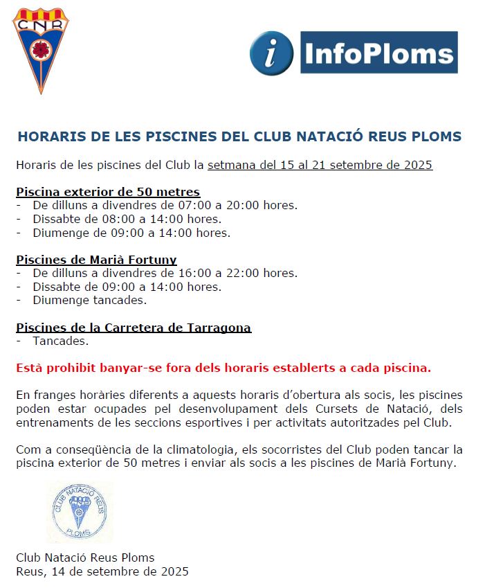 InfoPloms.
Horaris de les piscines del Club per a la setmana del 15 al 21 de setembre de 2025.
Passió per l'aigua!
#ReusPloms
#PlomsEsportiFormacio
#PlomsEsportiSalut
#PlomsEsportiValors