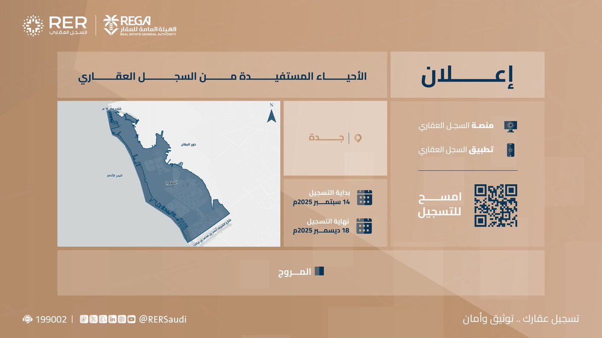 RERSaudi's tweet photo. بدء التسجيل العيني الأول في حي المروج بمحافظة جدة.
#سجل_عقارك_الآن عبر منصة #السجل_العقاري:
https://t.co/ktKsW17Lsl https://t.co/DOEQ5M44yn