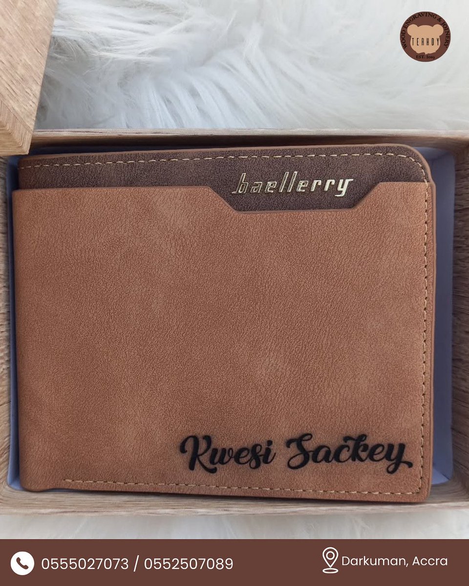 Personalized to perfection ✨ Carry your identity in style with our engraved wallets. The perfect gift for yourself or a loved one. 💼

Order now!

📍 Darkuman, Accra | ☎️ 0555027073 / 0552507089