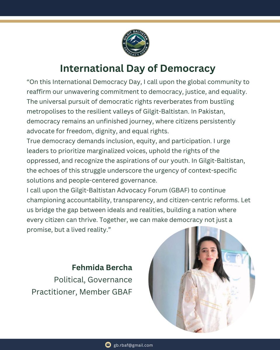 GB_RBAF's tweet photo. GBAF members share messages for International Day of Democracy

#InternationalDayOfDemocracy #YouthParticipation #WomenInDecisionMaking #GilgitBaltistan #GBAF #democracy https://t.co/JsvmB9OSHT