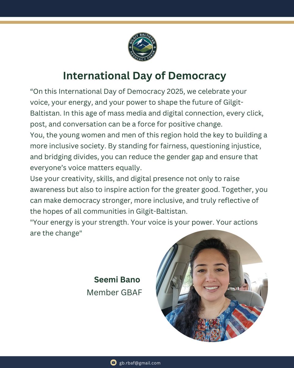 GB_RBAF's tweet photo. GBAF members share messages for International Day of Democracy

#InternationalDayOfDemocracy #YouthParticipation #WomenInDecisionMaking #GilgitBaltistan #GBAF #democracy https://t.co/JsvmB9OSHT
