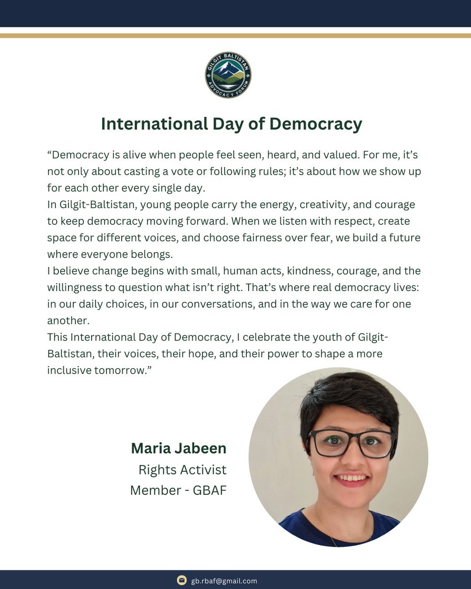 GB_RBAF's tweet photo. GBAF members share messages for International Day of Democracy

#InternationalDayOfDemocracy #YouthParticipation #WomenInDecisionMaking #GilgitBaltistan #GBAF #democracy https://t.co/JsvmB9OSHT