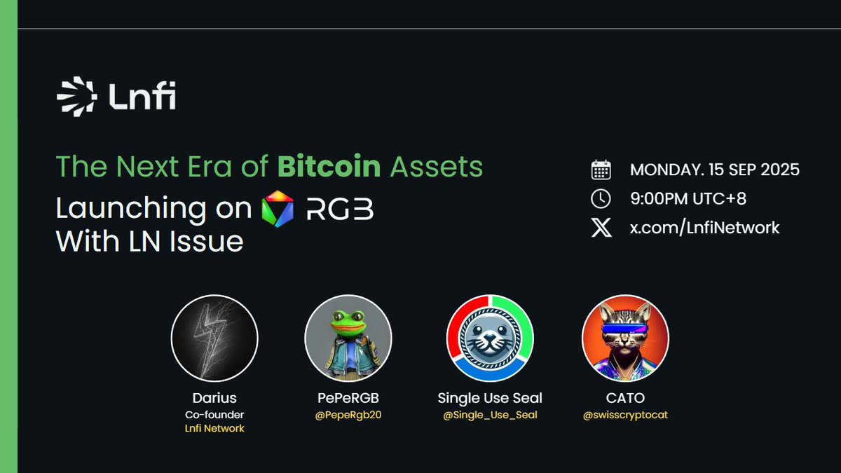 LnfiNetwork's tweet photo. 🎙 AMA: The Next Era of #Bitcoin Assets — Launching on #RGB with LN Issue

⚡️Meet the RGB meme pioneers — real stories from the earliest teams building on RGB and launching via LN Issue.

💡Why did they choose RGB over others?

🚀And why is LN Issue emerging as the go-to tool for launching native Bitcoin assets?

→ PPRGB @PepeRgb20 
→ Single Use Seal @Single_Use_Seal 
→ CATO @swisscryptocat 

🗓 Monday 15 Sep 2025
🕘 9 PM UTC+8
🔗 Set reminder:
https://t.co/kd3JUp21dD