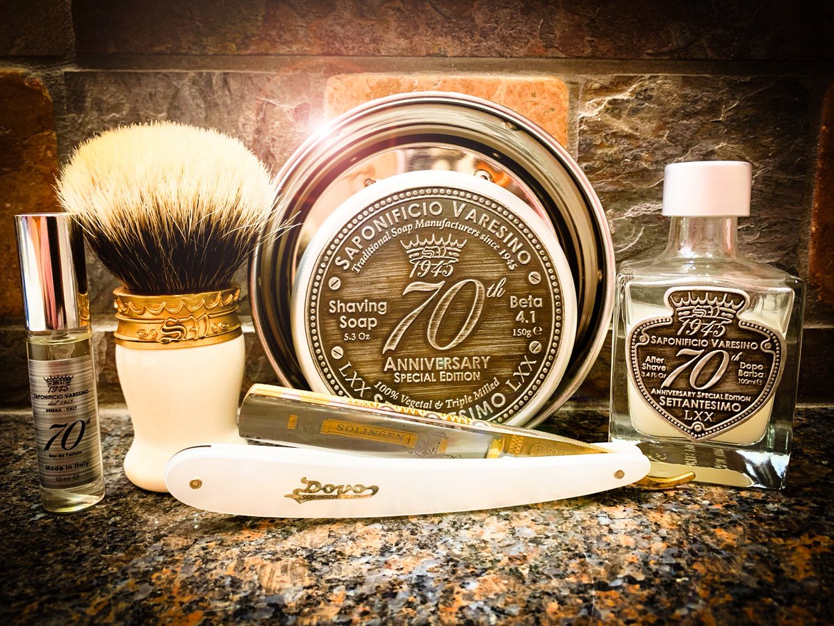 SOTD Dovo MOP No.98 5/8
Saponificio Varesino - 70th Anniversary 
HC&amp;C Stainless Steel Shave Bowl 
Saponificio Varesino 26mm HMW Badger 
@dovo_solingen 
@saponificio_varesino 
@hendrixclassics