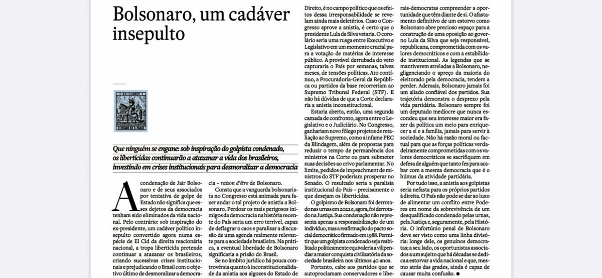 Assinantes do <a href="/Estadao/">Estadão 🗞️</a>: vocês pagam para sustentar perseguição ideológica?

Na coluna de opinião de 13/09/2025 o jornal chama adversários políticos de “dejetos da democracia” e fala em eliminá-los da vida pública. Isso não é debate — é desumanização. Vocês concordam em financiar