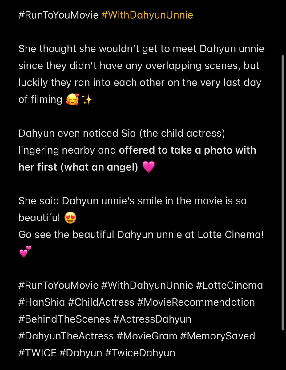 lovemedahyun's tweet photo. Child actress Han Sia thought she wouldn’t get to meet Dahyun since they had no scenes together (Run To You), but they luckily crossed paths on the last day of filming 🥹 

DH even noticed her first and asked for a photo! Sia said Dahyun’s smile in the movie is so beautiful 🤍 https://t.co/BSMiQ1FW1g