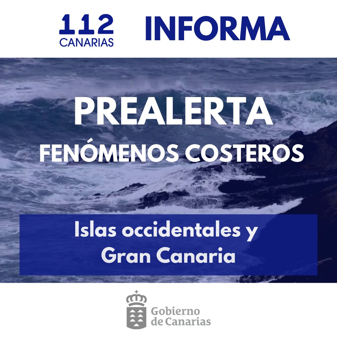 📢El Gobierno de Canarias declara:

#PrealertaViento en todo el archipiélago

#PrealertaFenómenosCosteros en las islas occidentales y #GranCanaria 

🗓️ 14/09
🕕 18:00 horas

Más información y consejos ⬇️

www3.gobiernodecanarias.org/noticias/el-go…

www3.gobiernodecanarias.org/noticias/el-go…