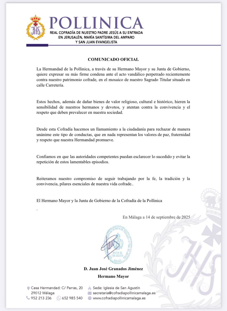 Desde la Real Cofradía condenamos los actos vandálicos que ha sufrido el mosaico de nuestro Sagrado Titular donde ha sido dañado uno de los faroles que acompañan dicho patrimonio y reitera su compromiso con la fe, la tradición y la convivencia en nuestra ciudad. #CofradíasMLG