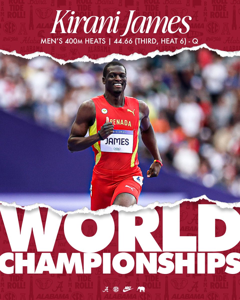 AlabamaTrack's tweet photo. Rollin’ to the semis! 

Program legend Kirani James clocked yet another advancing time at a World Athletics Championships, taking third in Heat 6

The feat secures THREE @UA_Athletics alumni in the men’s 400-meter semifinals on Tuesday, Sept. 16! 👏🏽

#RollTide https://t.co/4rQjJDdmbF