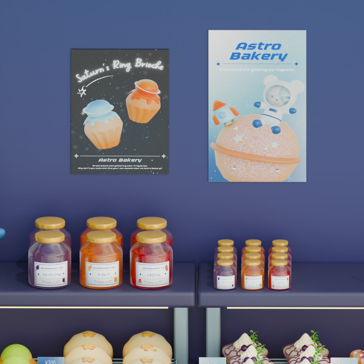 アストロ・ベーカリー開店🪐
惑星や星をイメージしたパンを焼きました🥐
お気に入りは木星のブリオッシュです✨
 #blender #b3d #3DCG