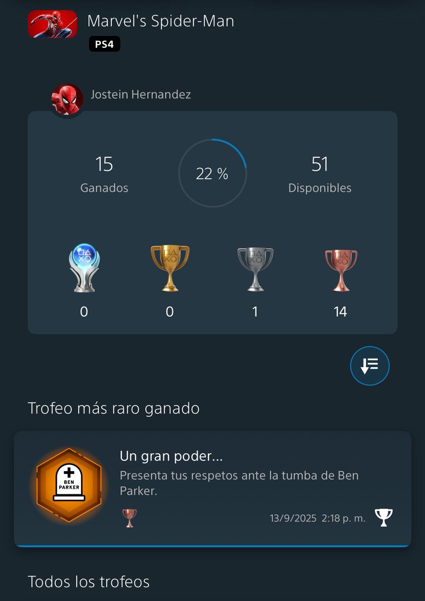 Comenzamos el domingo ya bien encaminados a por el platino número 50! 🏆❤️🕷️

#PS5Share #PS5 #Spiderman