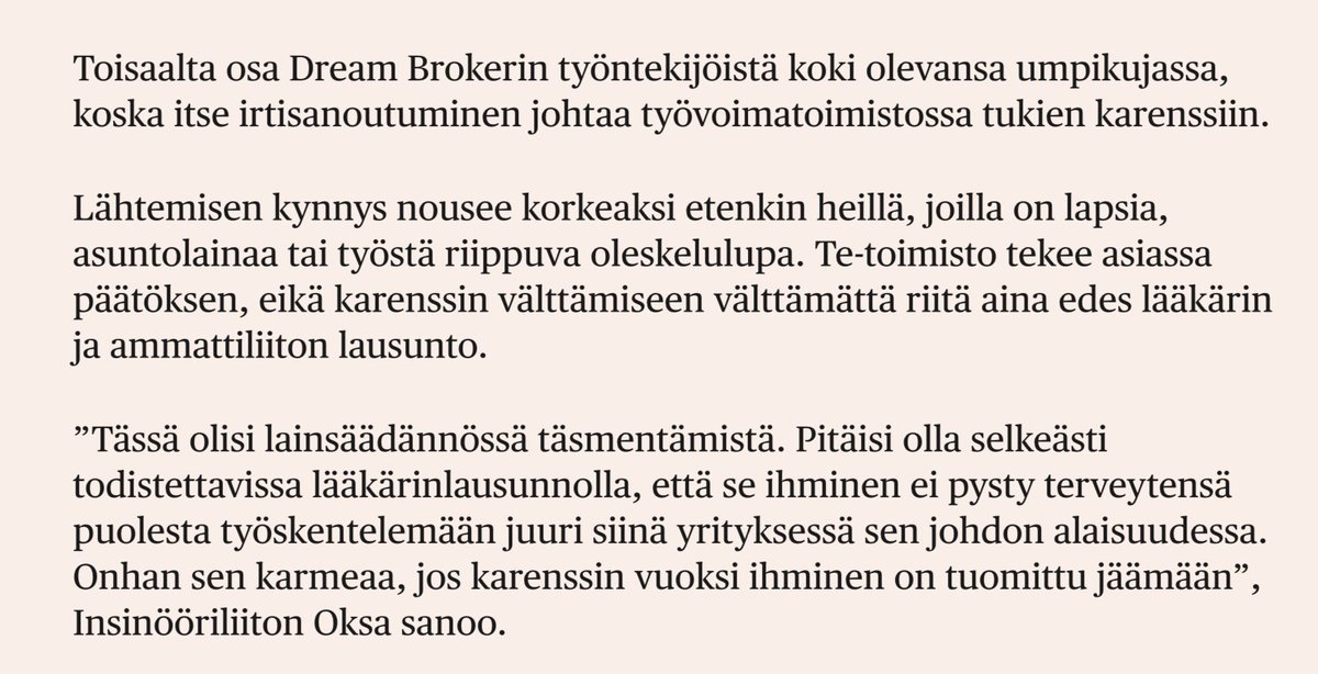 Karenssilainsäädäntö on muutettava <a href="/MatiasMarttinen/">Matias Marttinen 🇺🇦</a>. Nyt saa karenssia, vaikka olisi fyysisesti, seksuaalisesti tai henkisesti pahoinpidelty työssään!

Ja myös sen vuoksi, että irtisanominen helpottuu - siitäkin saa karenssin, vaikkei olisi edes oma vika!

hs.fi/visio/art-2000…