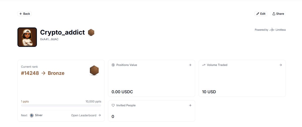 I may not have huge funds to trade on <a href="/trylimitless/">Limitless</a>, but I’m stacking points with just $3 per trade

So far, I’ve reached $10 in total volume my goal is$200–$300 before the countdown ends
Reminder: points are updated every Monday.

More Trade More point
 
 limitless.exchange/?r=2OCWS7NH99