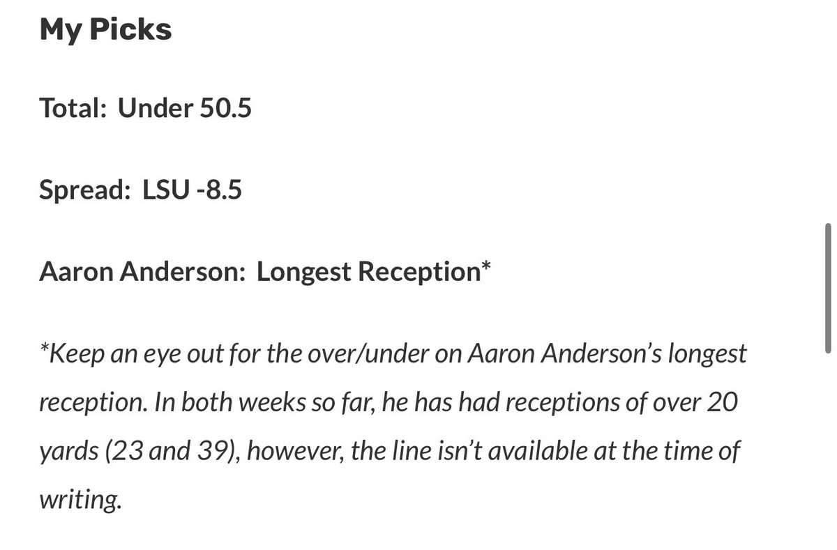 Phil John (@poshplaysff) on Twitter photo I hope you read my college football preview last week for <a href="/IBT_Media/">In-Between Media</a> and got in on the action.
The line for Anderson was set at 26.5. He had a longest reception of 31 yards.
Total ✅
Spread ✅
Reception prop ✅ I hope you read my college football preview last week for <a href="/IBT_Media/">In-Between Media</a> and got in on the action.
The line for Anderson was set at 26.5. He had a longest reception of 31 yards.
Total ✅
Spread ✅
Reception prop ✅