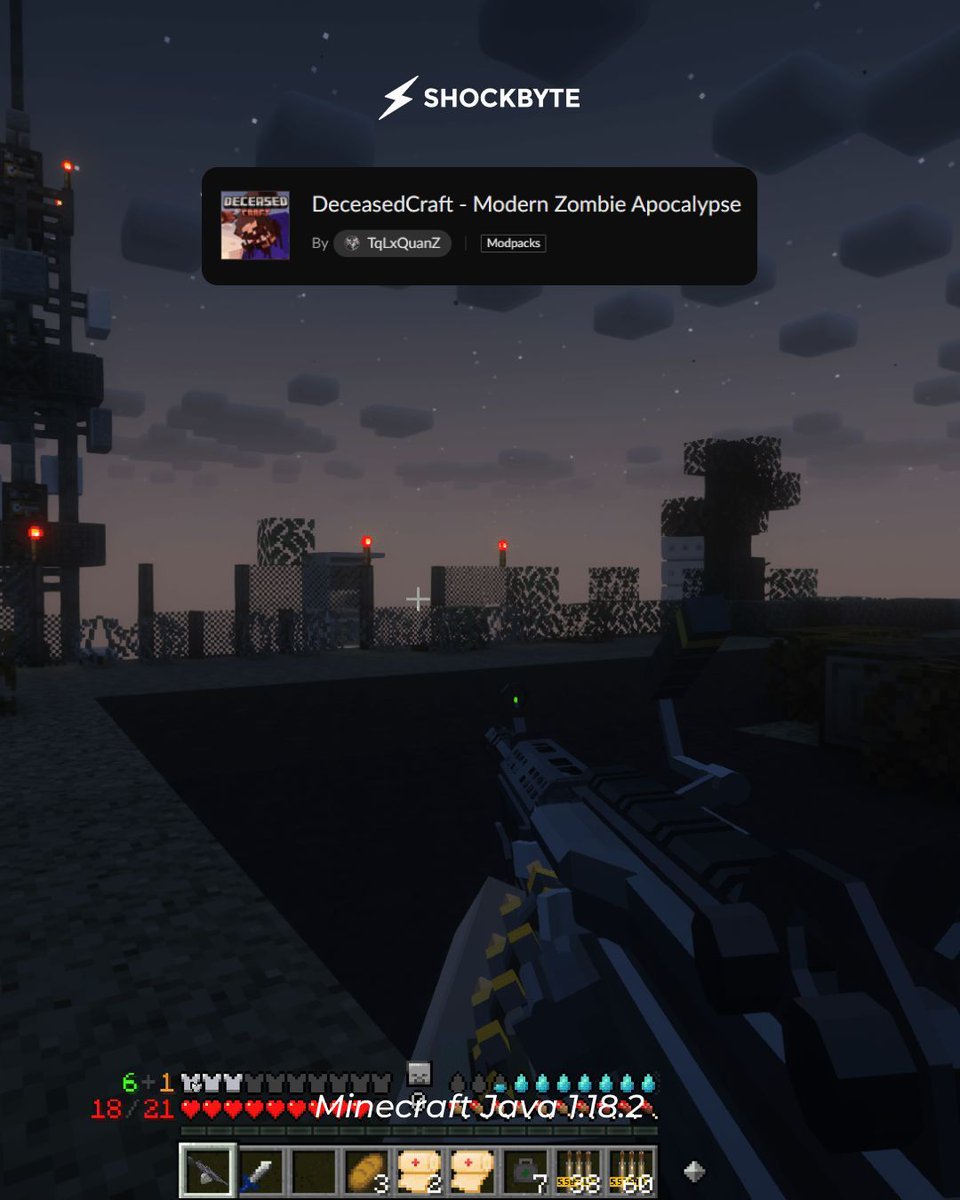 Shockbyte's tweet image. Survive the apocalypse with guns, loot &amp;amp; endless zombies in DeceasedCraft 🧟

🎮Version: Minecraft Java, 1.18.2

#minecraft #minecraftmodpack #minecraftmod #minecrafters