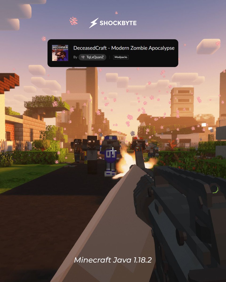 Shockbyte's tweet image. Survive the apocalypse with guns, loot &amp;amp; endless zombies in DeceasedCraft 🧟

🎮Version: Minecraft Java, 1.18.2

#minecraft #minecraftmodpack #minecraftmod #minecrafters