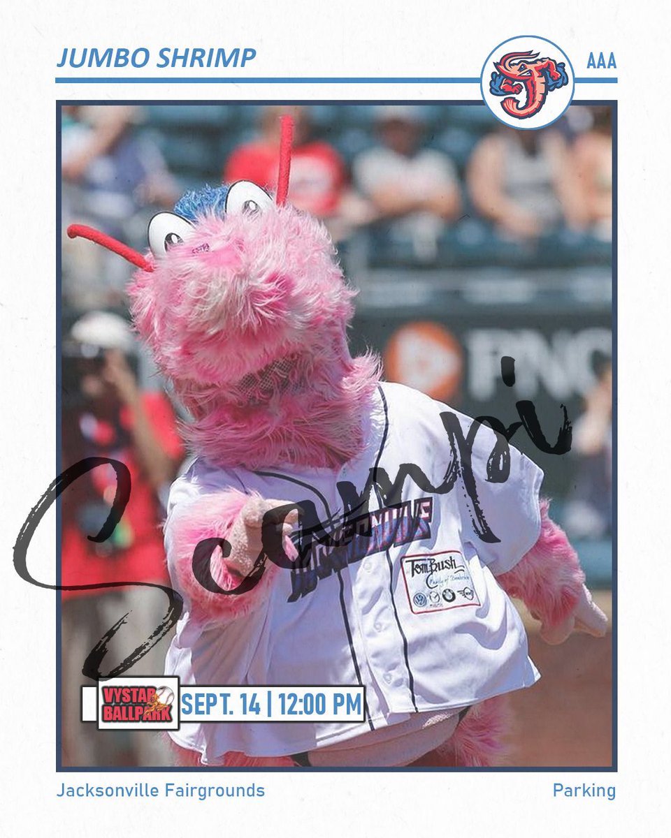 Jacksonville Fairgrounds (@jaxfair) on Twitter photo 1️⃣ One more time this week can you see your #JumboShrimp live and in color!
The @MemphisRedbirds and your <a href="/JaxShrimp/">Jacksonville Jumbo Shrimp</a> begin play at 2:05 PM. The Jacksonville Fairgrounds opens for parking at 12:00 PM. The cost to park is $10 by cash or card.
🎟️ | jacksonvillefair.com/jumboshrimp 1️⃣ One more time this week can you see your #JumboShrimp live and in color!
The @MemphisRedbirds and your <a href="/JaxShrimp/">Jacksonville Jumbo Shrimp</a> begin play at 2:05 PM. The Jacksonville Fairgrounds opens for parking at 12:00 PM. The cost to park is $10 by cash or card.
🎟️ | jacksonvillefair.com/jumboshrimp