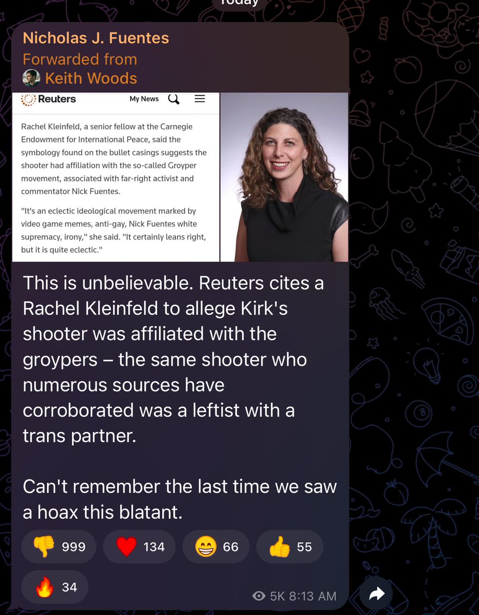 Who could be dumb enough to fall for this? 

Rachel Kleinfeld is saying the shooter was affiliated with Nick Fuentes and the Groypers.