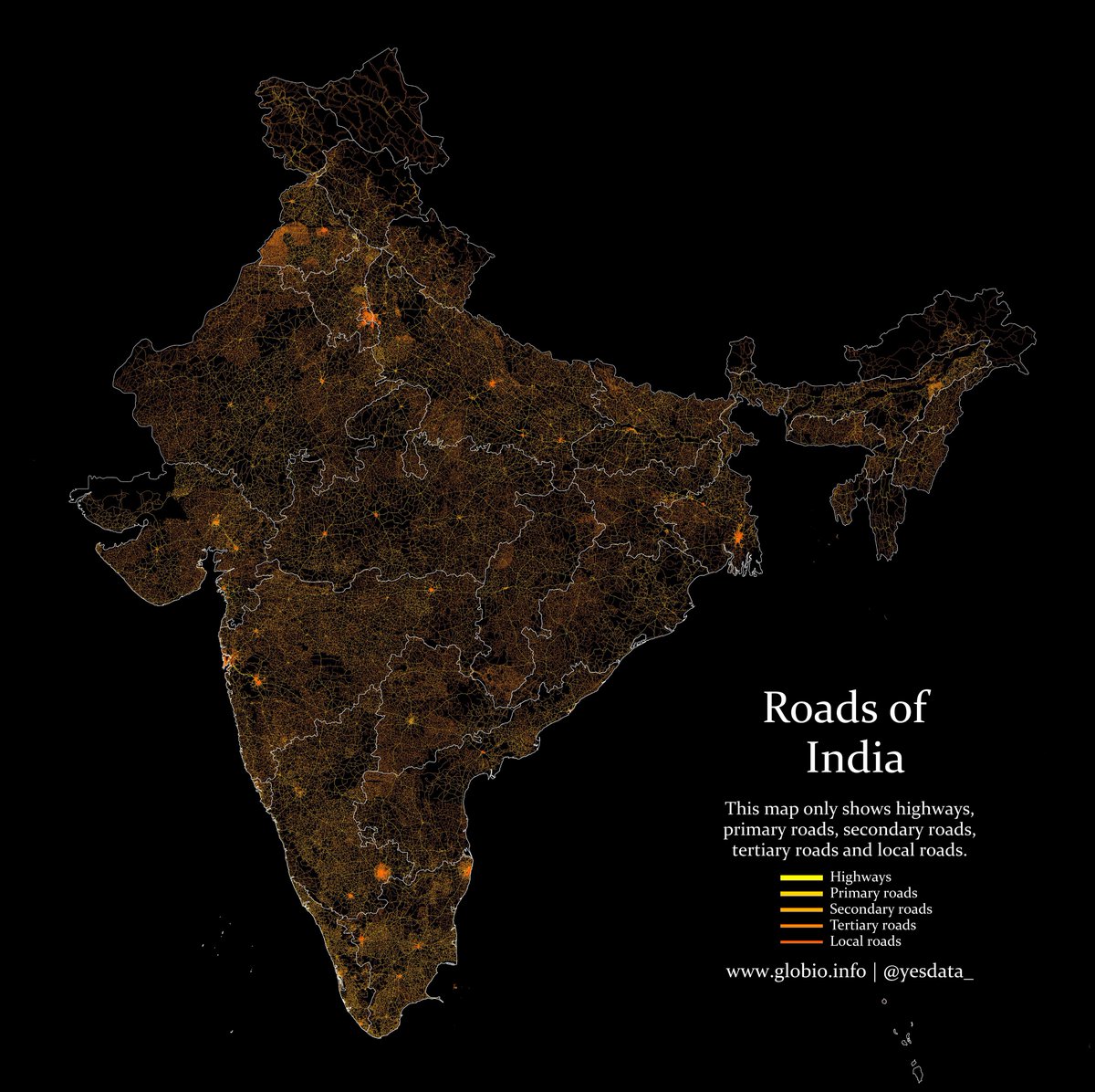 🚗 Series: Roads (No. 6) - India

India's 6.3 million km road network, the world's second largest, connects cities and villages, driving economic growth.

🔧 Tools: Python (Pandas, Geopandas, Matplotlib)