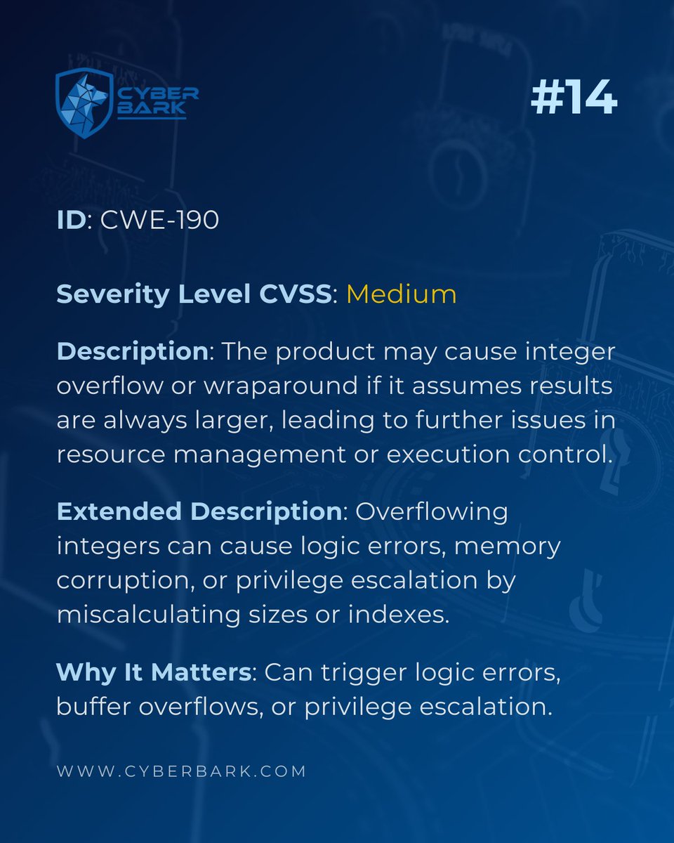 Cyber_Bark_LLC's tweet image. Integer Overflow or Wraparound: When Numbers Break the Rules
📅 Book a FREE Consultation:
calendly.com/jessica-carlso…
#CyberBark #IntegerOverflow #SoftwareBugs #SANS25 #AppSecurity #SecureCoding #DevSecOps