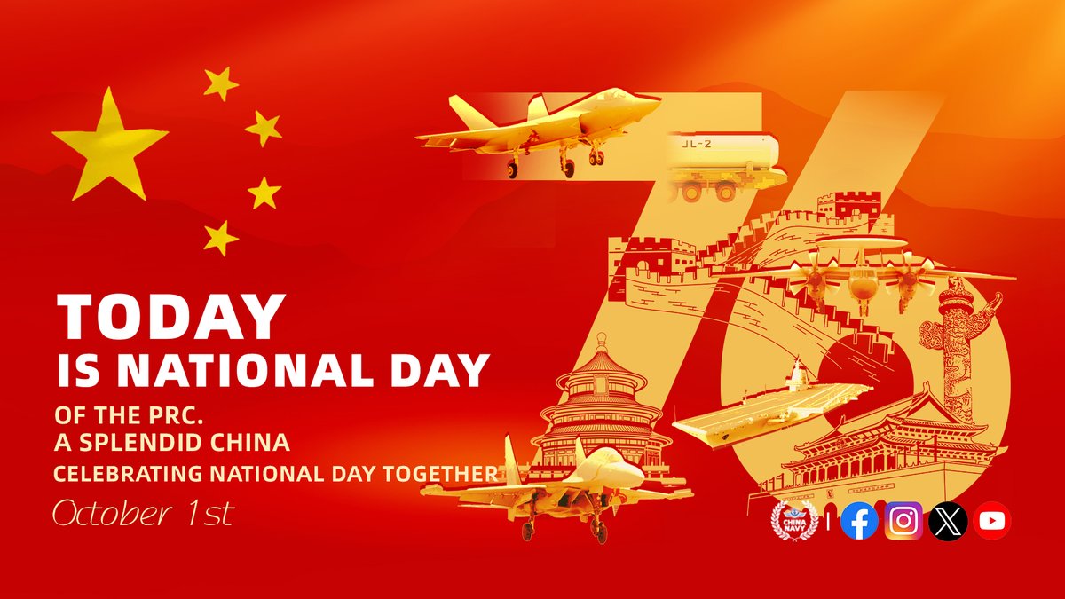 China_Navy's tweet image. Today marks the 76th anniversary of the founding of the People's Republic of China.
May our motherland prosper and thrive forever.
The Chinese Navy will always safeguard your safety and security in distant waters.
