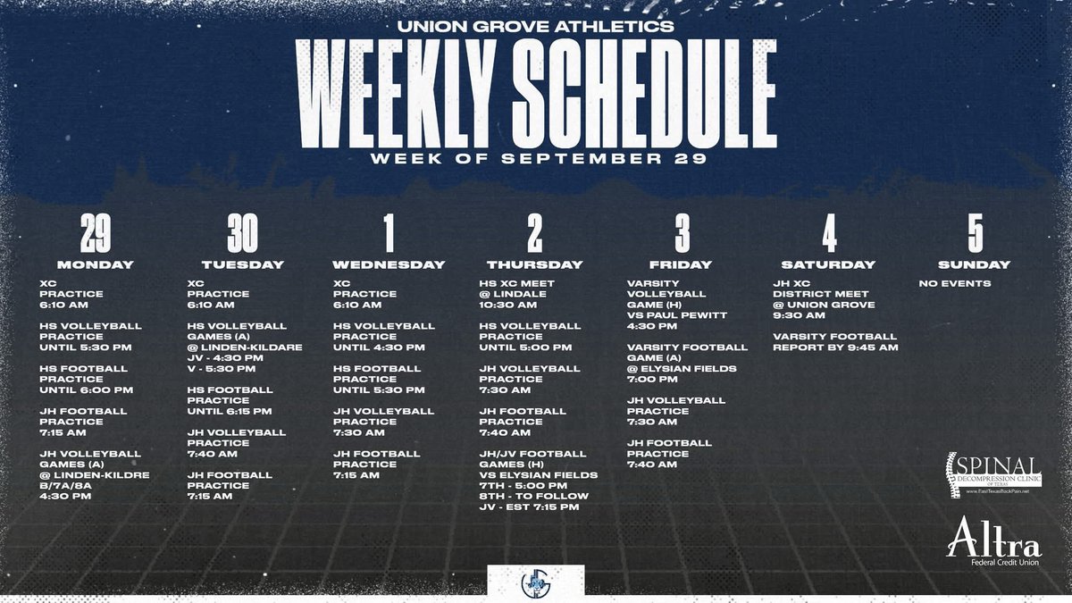 Athletics Schedule for the week of September 29
#PTP