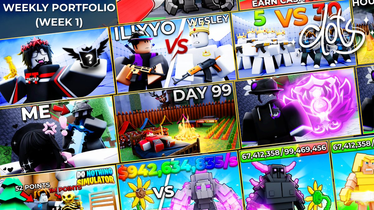 dotsobloxia's tweet image. Hey everyone! this is the first weekly portfolio! I hope you enjoyed my work throughout the week.🔥
Discord - dotsobloxia📩
If you would like to see the full size versions of each thumbnail, dm me on discord.
#Roblox #RobloxDev #RobloxThumbnails #RobloxGFX #GFX #RobloxIcons