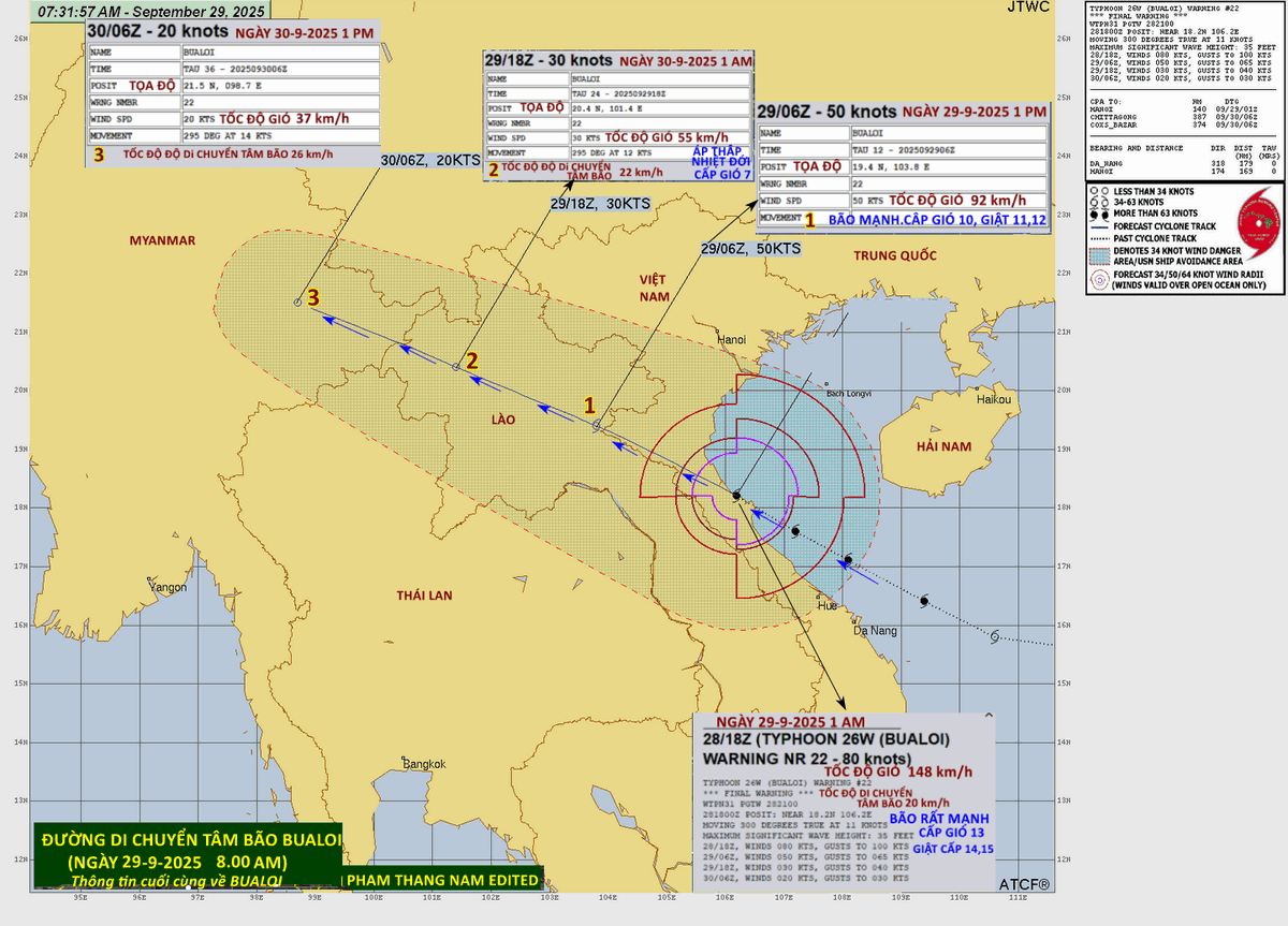 The eye path  and parameters of typhoon "BUALOI" newly updated.
Typhoon eye will go through NGHE AN province (VIETNAM) , LAO and then reach MYANMAR.