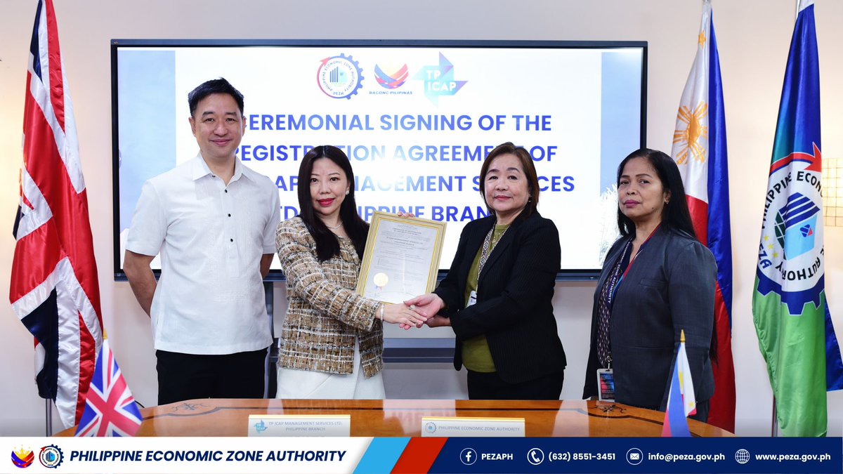 PEZA_PH's tweet image. 🤝🏻𝐒𝐮𝐩𝐩𝐥𝐞𝐦𝐞𝐧𝐭𝐚𝐥 𝐀𝐠𝐫𝐞𝐞𝐦𝐞𝐧𝐭 𝐒𝐢𝐠𝐧𝐢𝐧𝐠🤝🏻 l On 23 September 2025, the Philippine Economic Zone Authority (PEZA) signed the Supplemental Agreement (SA) of TP ICAP Management Services Ltd. for its expansion project at ECOPRIME, BGC, Taguig City.

#PEZA #TPICAP