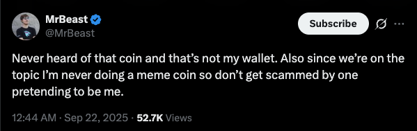 ASTERやミームコインへの関与を否定するMrBeastのツイートのスクリーンショット