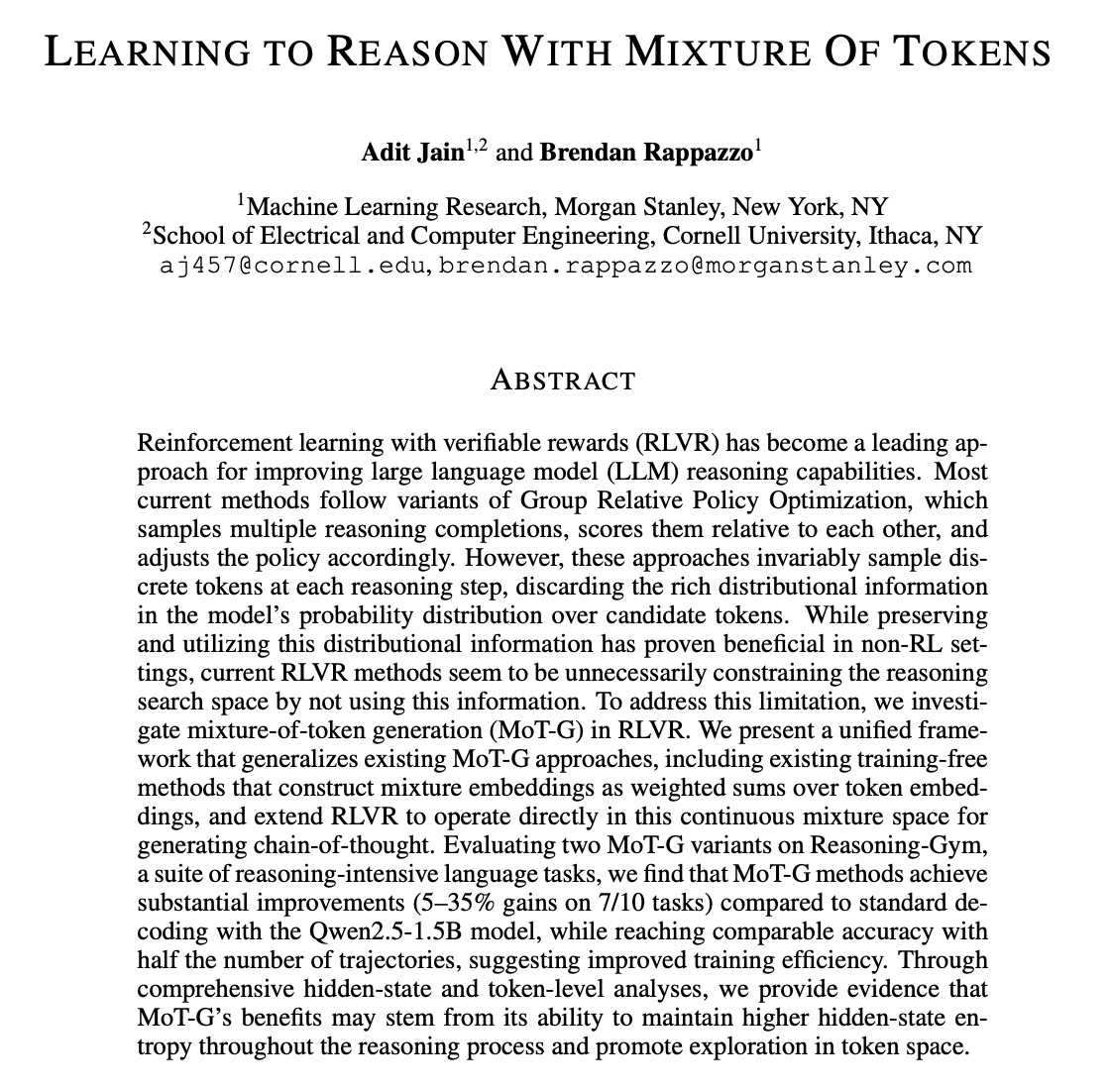 aditjain1980's tweet image. 1/ Chain of thought reasoning can be significantly improved using RLVR but can we improve the generation process for reasoning tokens during training for better exploration, efficiency and performance? @brendanh0gan and I explore this question in our recent work 🧵
(tldr: yes!)