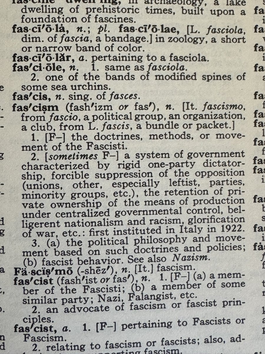 CodeWriter23's tweet image. Just a reminder, Webster’s and other dictionaries have changed the definition of ‘fascism’ to match the Allies of WW II.

The historically-accurate definition (from an older hard copy of Webster’s) below. Looking up current definitions is left as an exercise for the reader.