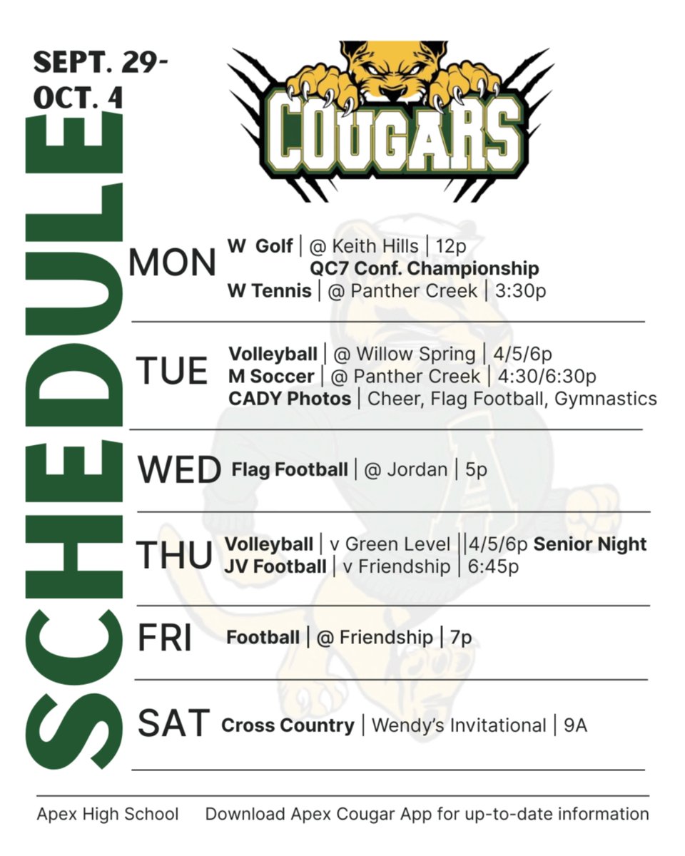 HUGE WEEK FOR COUGAR ATHLETICS! 
Sept 29-Oct 4 
From the golf course to the gym to the gridiron - LET'S GO COUGARS!
<a href="/ApexHighSchool/">Apex High School</a> <a href="/apexhsathletics/">Apex Athletics</a> <a href="/ApexHScheer/">Apex Cheer</a> <a href="/apextrackxc/">Apex Track & XC</a> <a href="/ApexFB/">Apex High School Football</a> <a href="/apexhsgolf/">Apex High Golf</a> @coachleeapex <a href="/apexjvsoccer/">Will Tomlinson</a> <a href="/ApexHighTennis/">Apex High Women's & Men's Tennis</a> <a href="/apexvball8/">Apex Volleyball</a> <a href="/apexhsflagfb/">Apex Women's Flag Football</a>