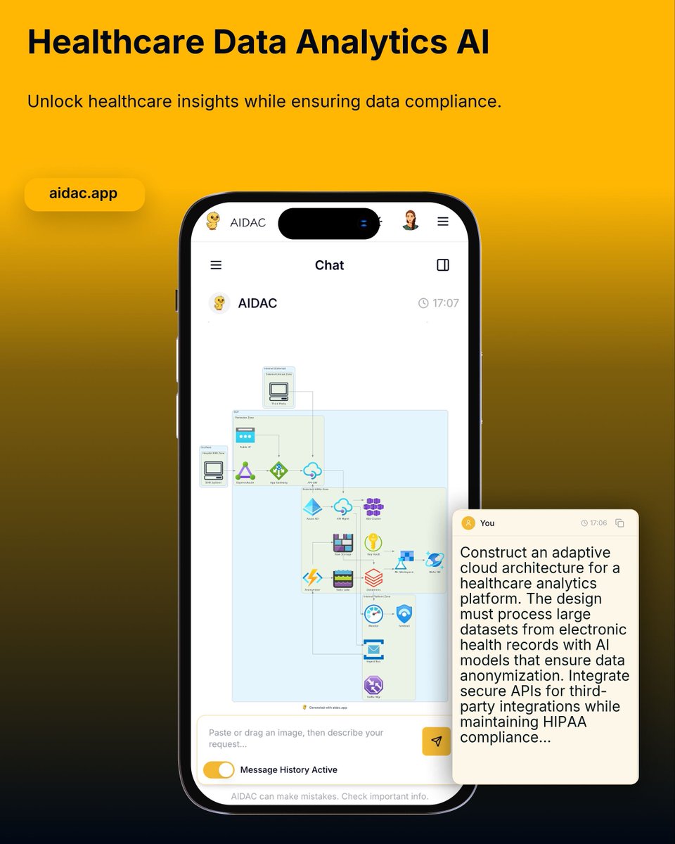 aidacapp's tweet image. Healthcare AI needs compliance + speed.
With AIDAC, design HIPAA-compliant analytics pipelines in seconds.
From EHR data to anonymized insights ✅

🔗 aidac.app/?utm_source=x

#AIDAC #InfraasCode #HealthcareAI #Cloud