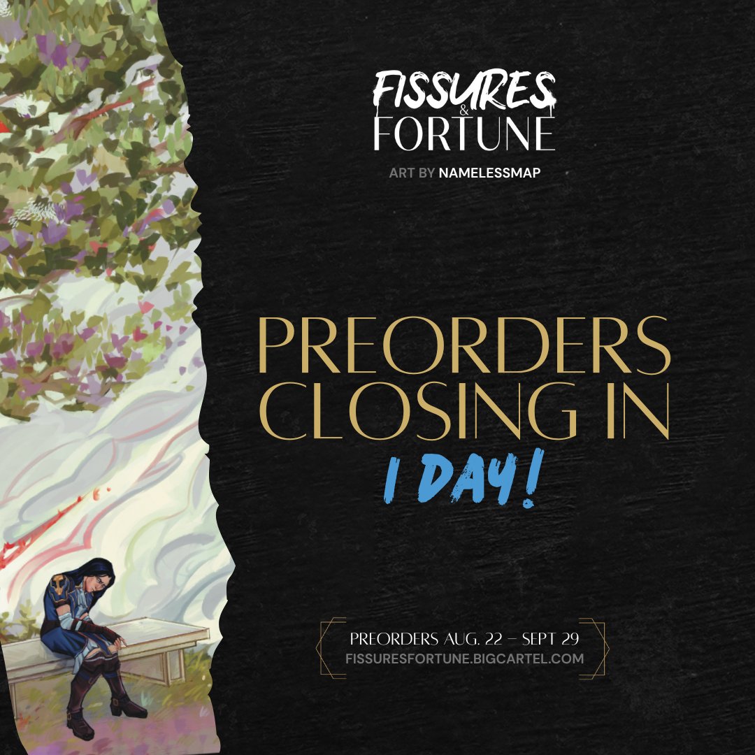 FissuresFortune's tweet image. 🏙️ 1 𝑫𝒂𝒚 𝑳𝒆𝒇𝒕 𝒐𝒇 𝑷𝒓𝒆𝒐𝒓𝒅𝒆𝒓𝒔 🌆

This time it really is the last chance to get our incredible 155+ pages of art and fics! 💙
In just 24h, preorders for Fissures &amp;amp; Fortune (with an unlocked enamel pin for just $40) will be closing, so don&apos;t miss out! 💛