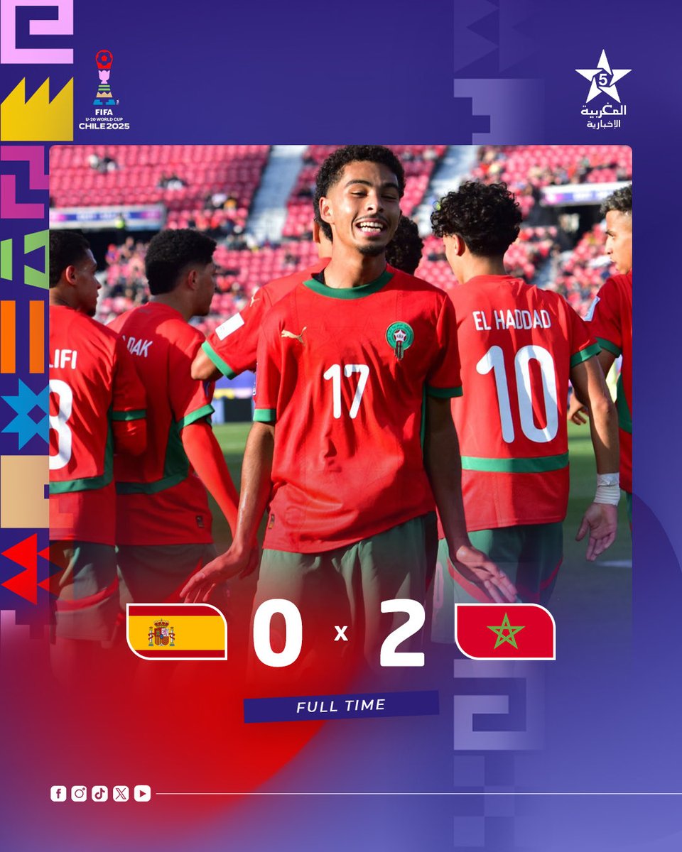 AlmaghribiaTv's tweet photo. كأس العالم للشباب.. المنتخب المغربي يستهل مشواره بالفوز على نظيره الإسباني بهدفين نظيفين. https://t.co/WkCYq6Cspq