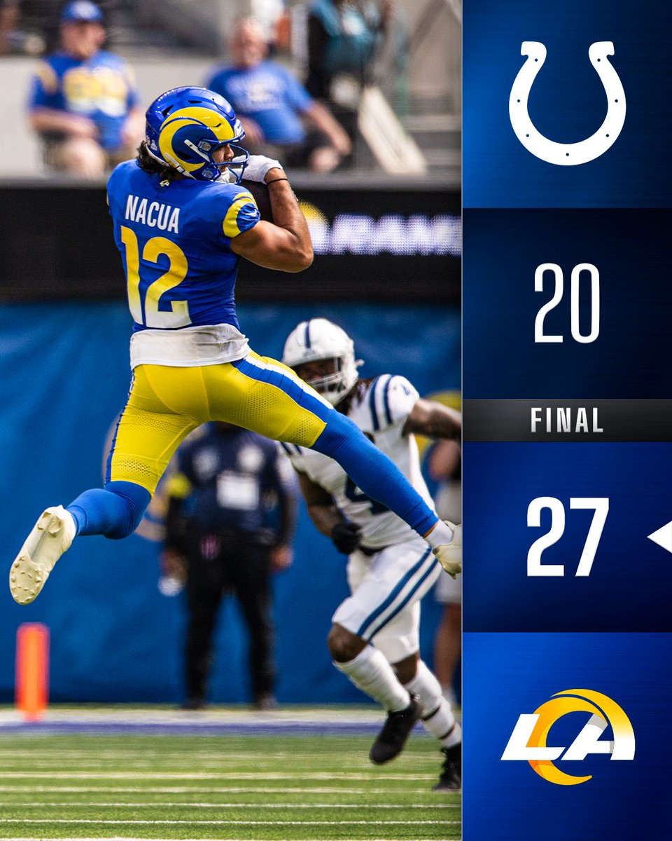 NFL's tweet image. FINAL: Puka Nacua goes off as the @RamsNFL improve to 3-1!