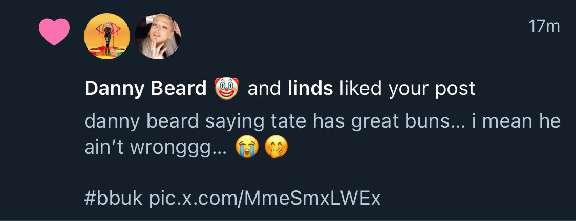 not danny beard liking my tweet about tate’s arse 😭😭

hey boo xx 

#bbuk