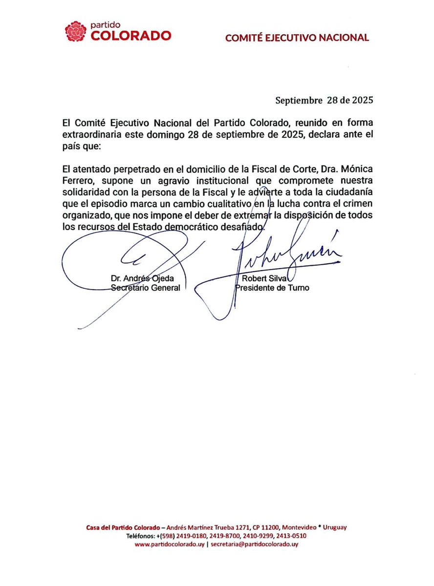 El CEN del Partido Colorado repudia el atentado contra la Fiscal de Corte Mónica Ferrero.
Un agravio institucional que exige extremar todos los recursos del Estado en la lucha contra el crimen organizado.

#PartidoColorado #Uruguay