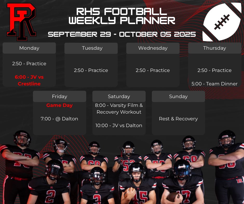 RittmanFootball's tweet photo. 📅 Week 7 Agenda

🏈 Mon – JV vs Crestline (Home) 7 PM
🍽 Thurs – Team dinner after practice
🚌 Fri – Varsity @ Dalton 7 PM
🏟 Sat – JV vs Dalton (Home) 10 AM

Big Chief Trophy is ours 🏆✅ … now it’s on to Dalton. Locked in. 💪 #GoRitt #Week7 https://t.co/dky6jJVlWg